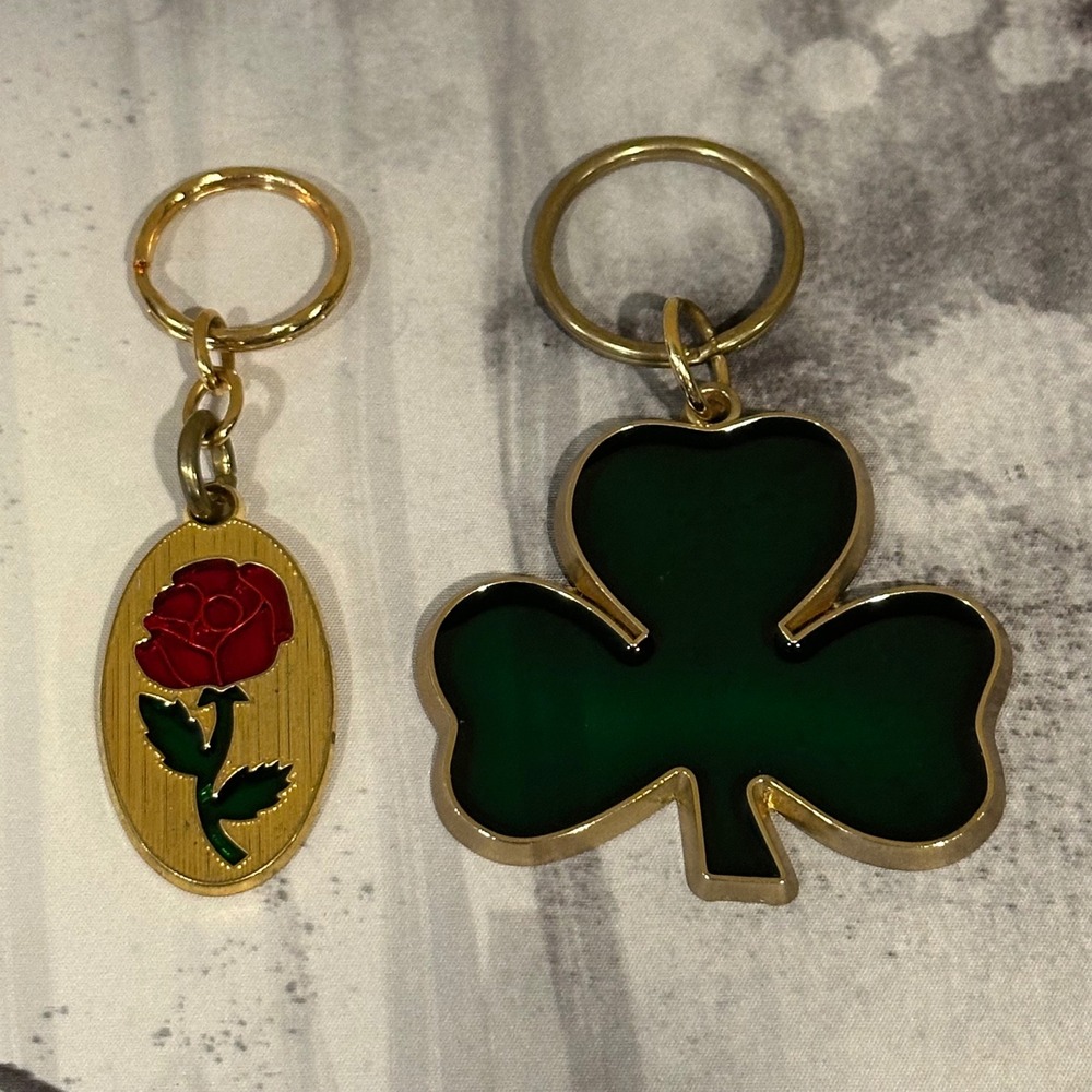 Vintage Gold Tone Enamel Keychain Set Green Shamrock Clover and Red Rose Charm